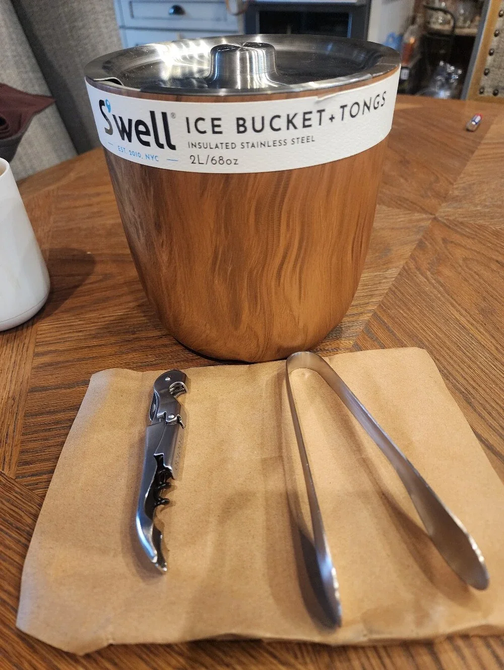 S'well Stainless Steel Woodgrain Insulated Ice Bucket with Stainless Tongs New